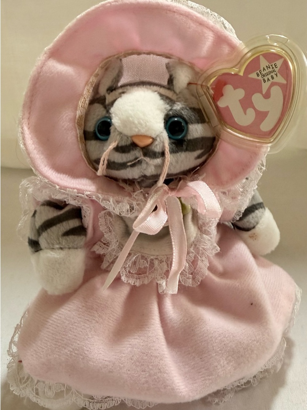 Prance TY  Beanie Baby Cat In Pink Outfit With A Bonnet Hat.